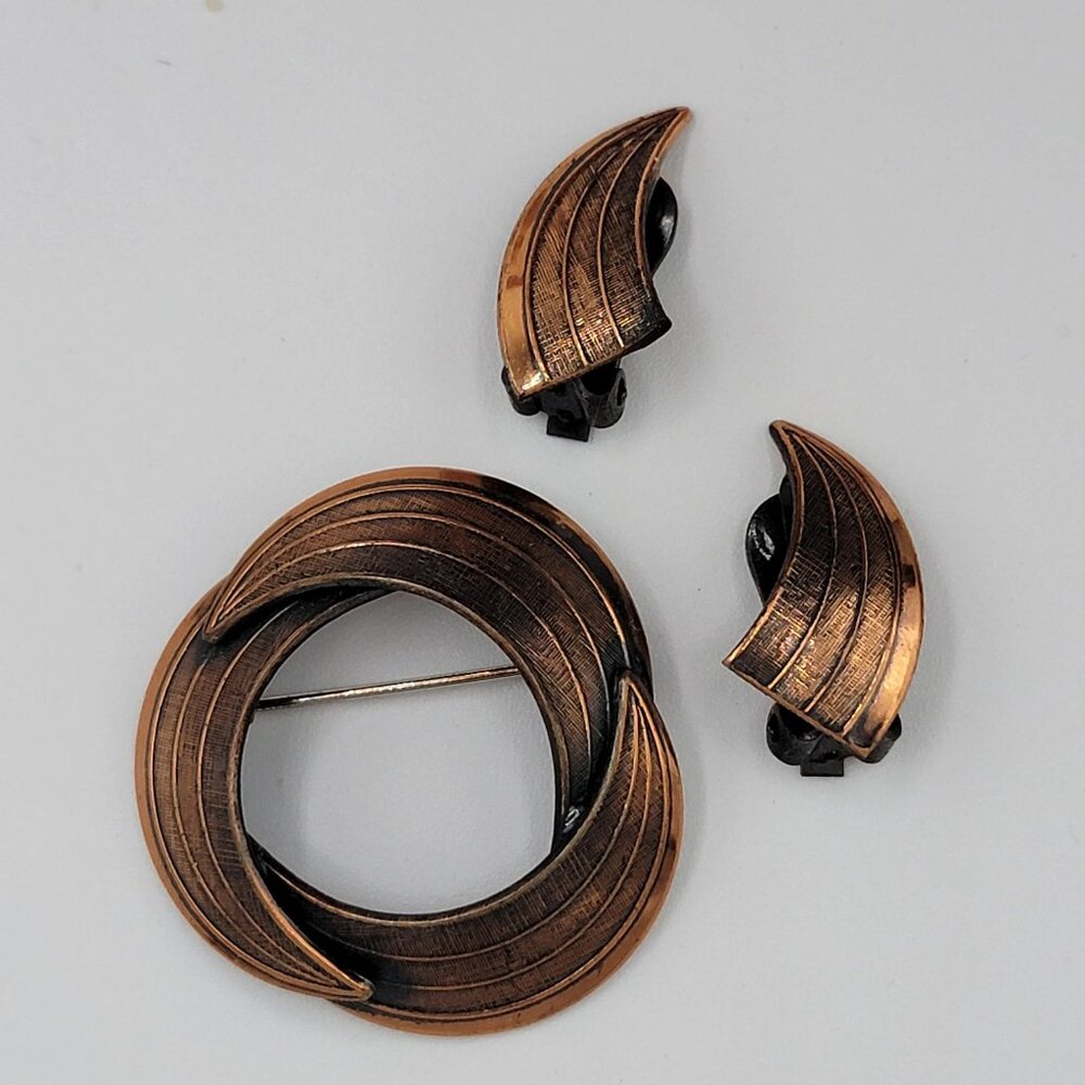 Vintage Abstract Copper Brooch and Clip-on Earring Set